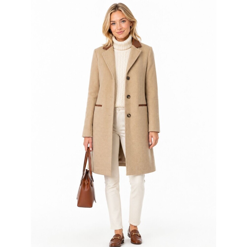 Ralph Lauren Longline Coat Size 2 Wool Blend Camel Faux Leather Collar Preppy
